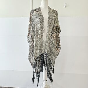 Roffe Accessories Kimono Blue Grey Fringed Beige Multi Pattern Shawl Wrap Womens